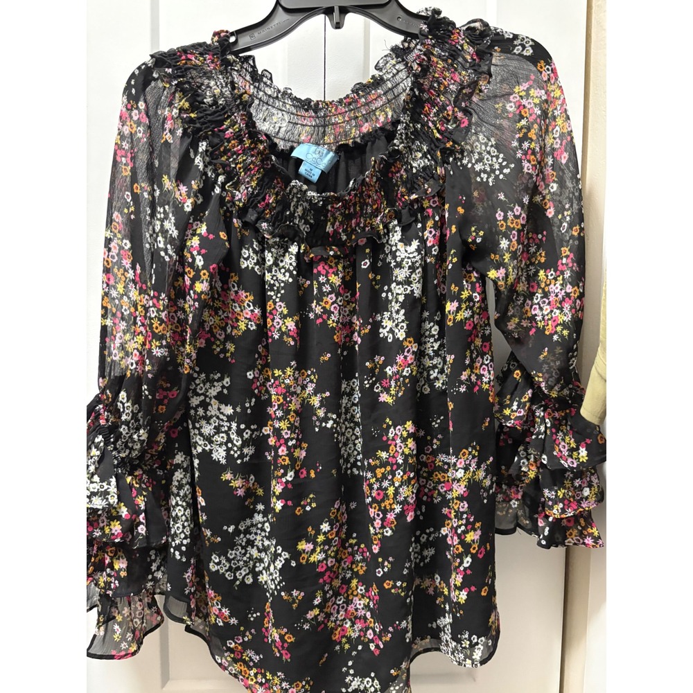CeCe Black Floral Smocked Off Shoulder Ruffle Tiered Bell Sleeve Blouse Medium